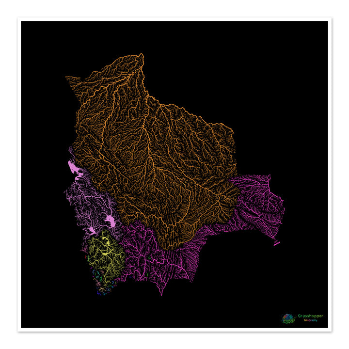 Bolivia - Mapa de cuencas fluviales, arcoíris sobre negro - Impresión de Bellas Artes