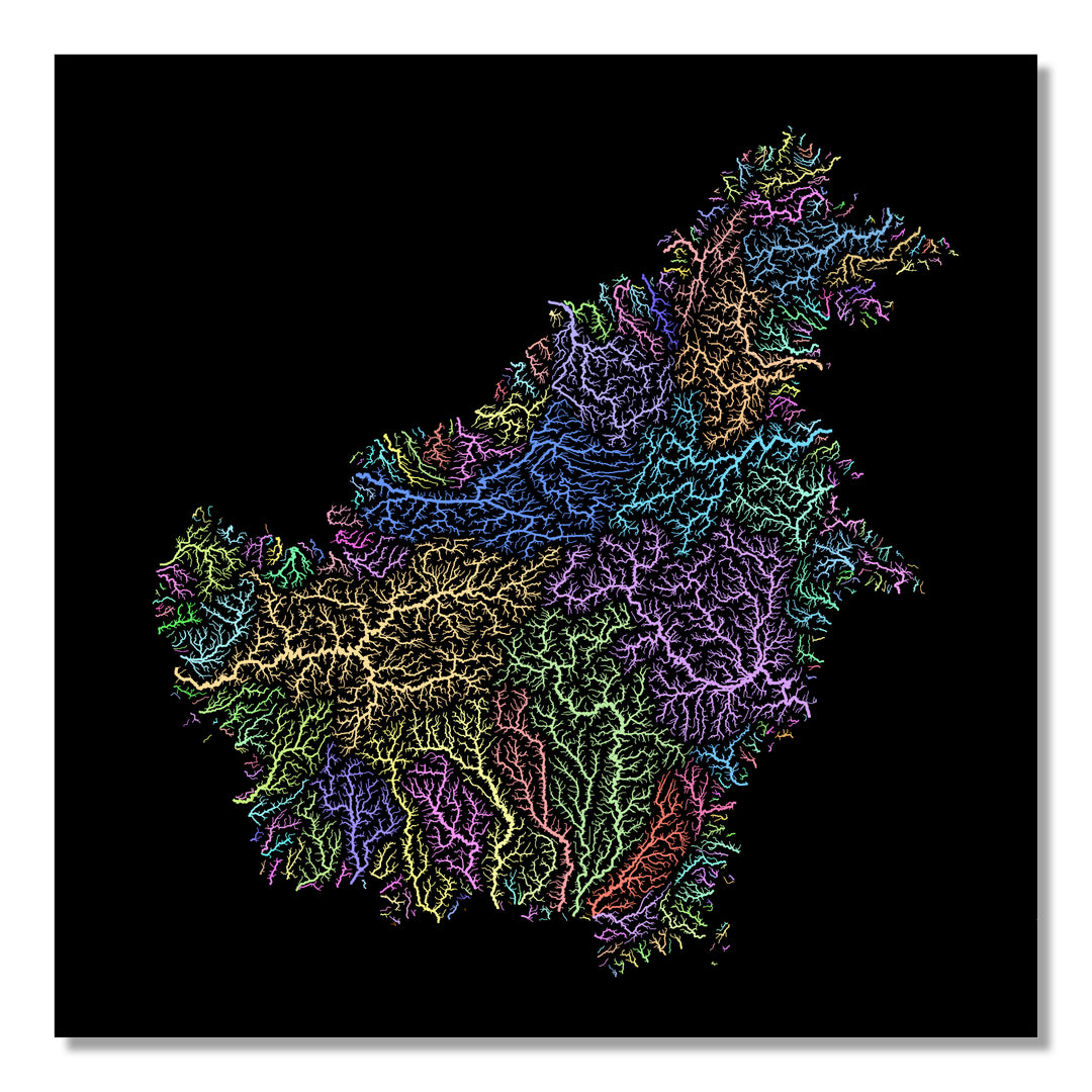 Borneo - River basin map, pastel colours - Wall Art