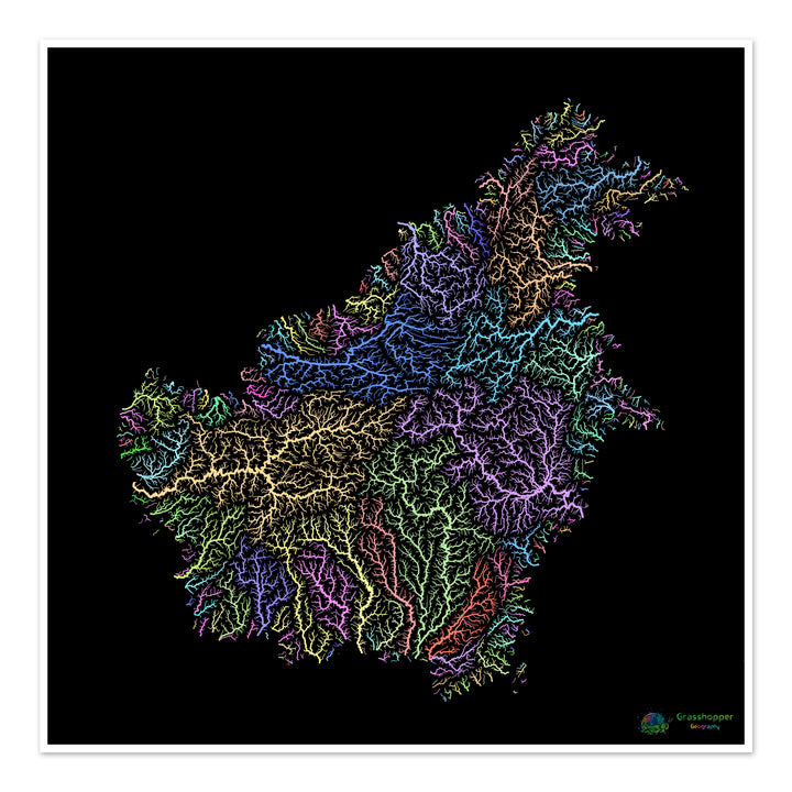 Borneo - River basin map, pastel on black - Fine Art Print
