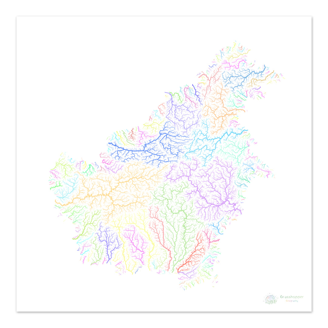 Borneo - Mapa de la cuenca del río, pastel sobre blanco - Impresión de Bellas Artes