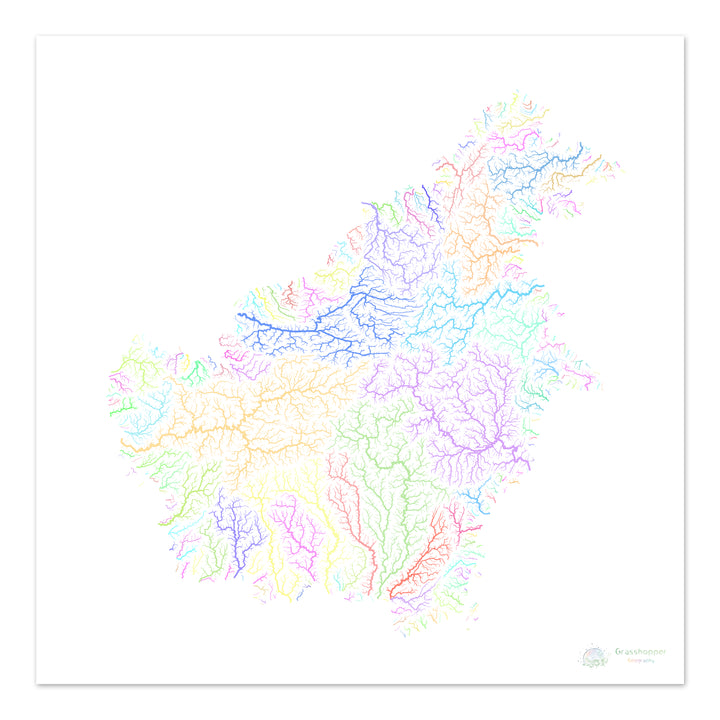 Borneo - River basin map, pastel on white - Fine Art Print