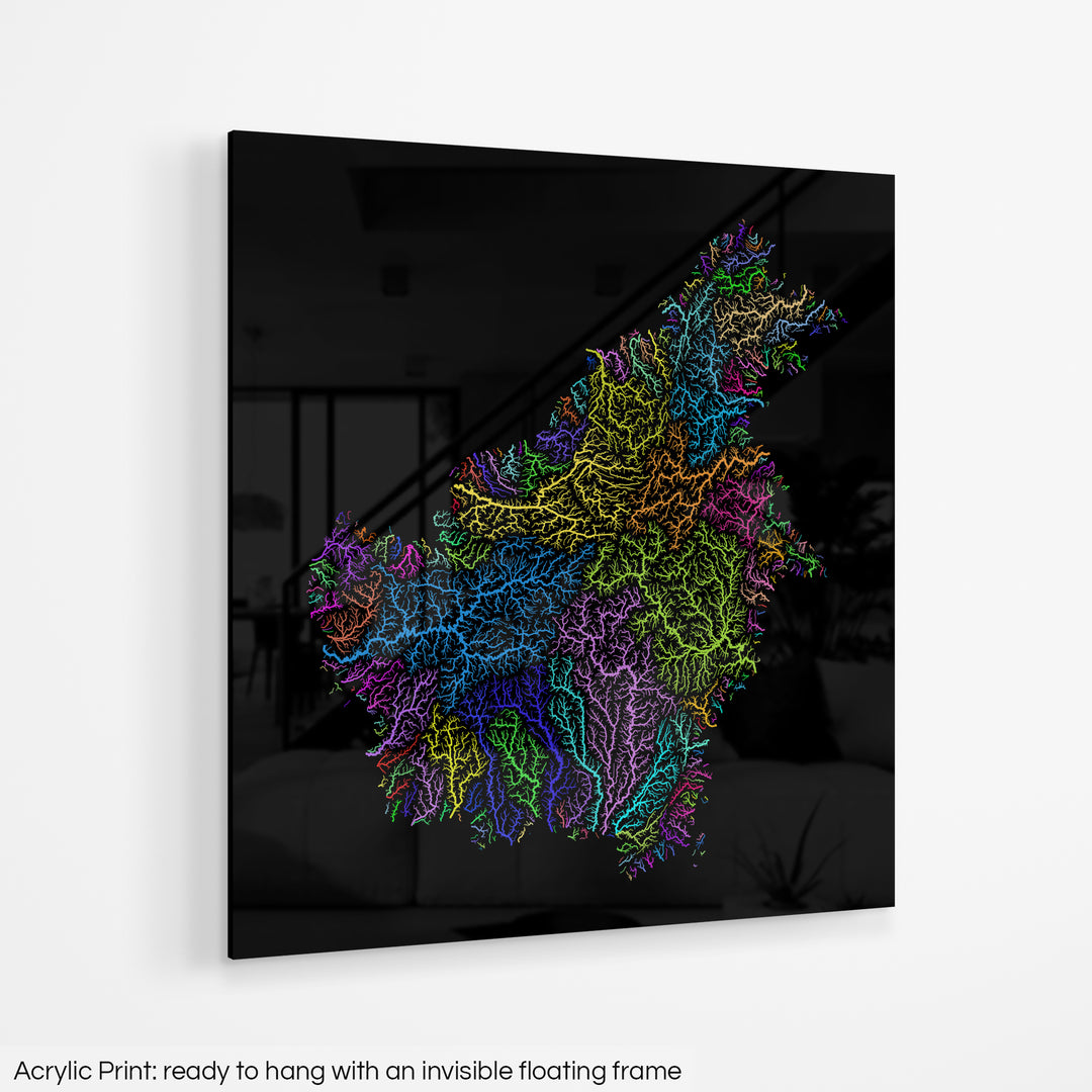 Borneo - River basin map, rainbow colours - Wall Art