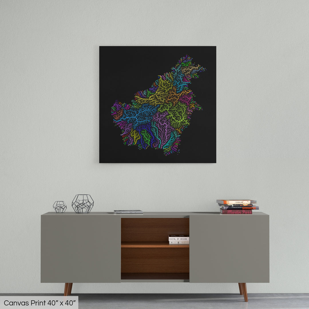 Borneo - River basin map, rainbow colours - Wall Art