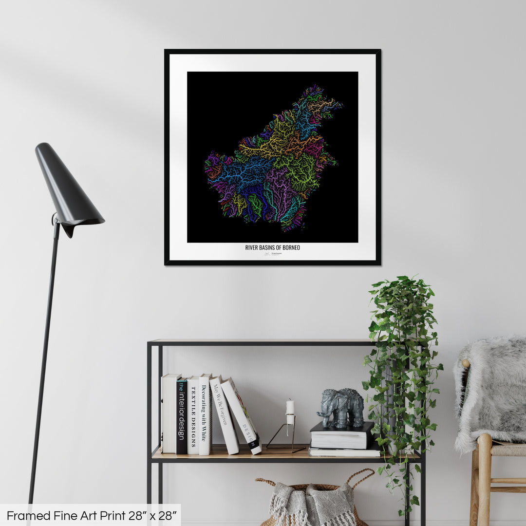 Borneo - River basin map, rainbow colours - Wall Art