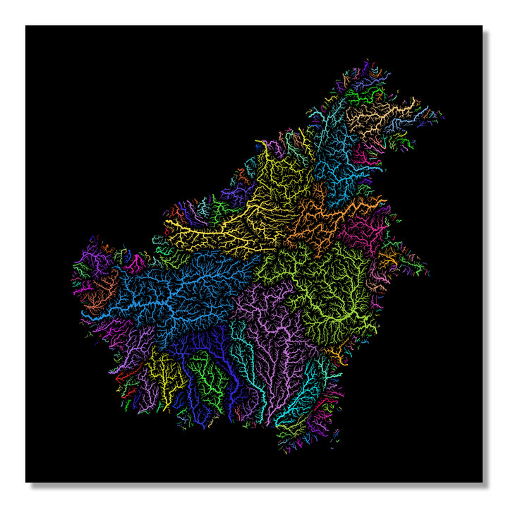 Borneo - River basin map, rainbow colours - Wall Art
