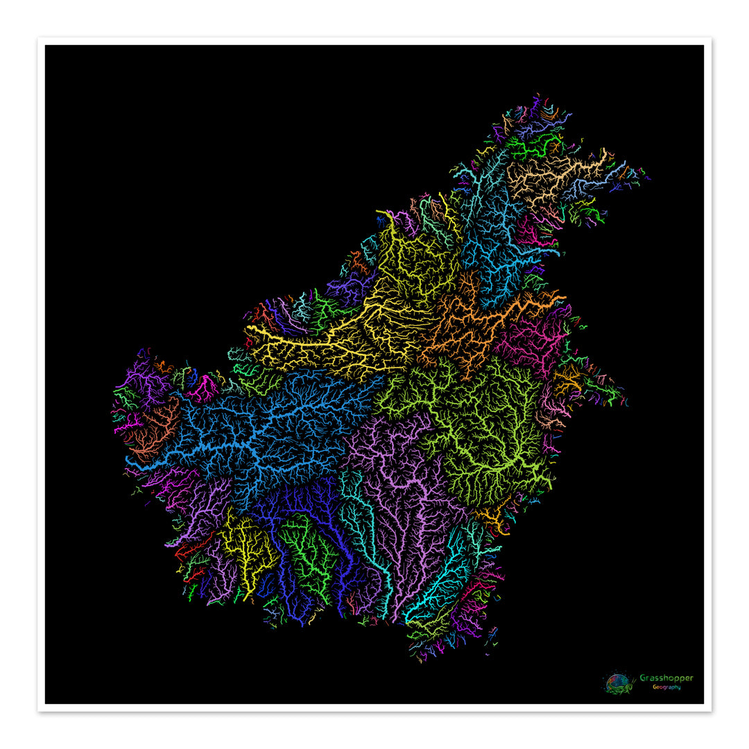 Borneo - Mapa de la cuenca fluvial, arco iris sobre negro - Impresión de bellas artes