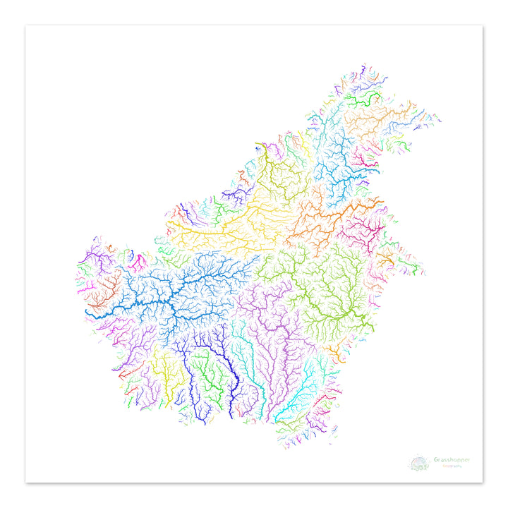 River basin map of Borneo, rainbow colours on white Fine Art Print