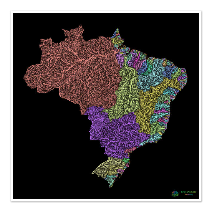 River basin map of Brazil, pastel colours on black - Fine Art Print