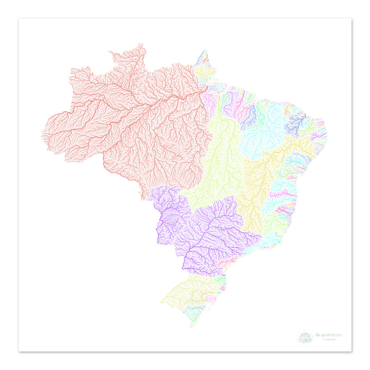 Brasilien - Flussgebietskarte, Pastell auf Weiß - Fine Art Print