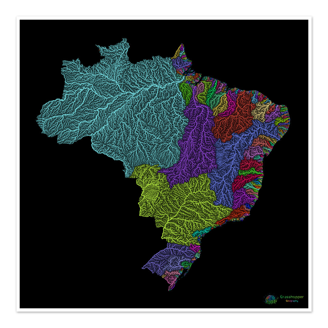 Brazil - River basin map, rainbow on black - Fine Art Print