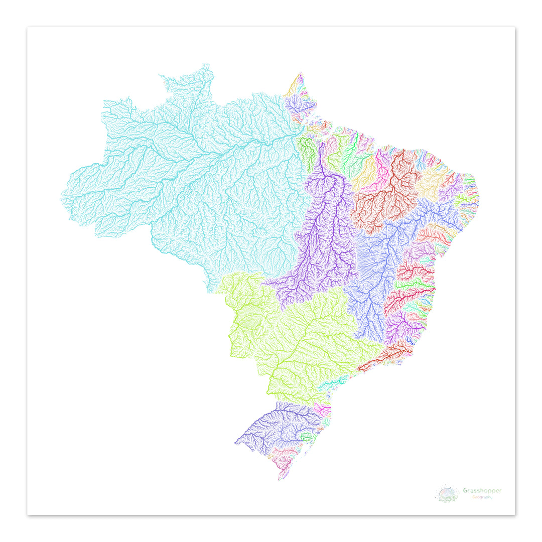 Brésil - Carte des bassins fluviaux, arc-en-ciel sur blanc - Fine Art Print