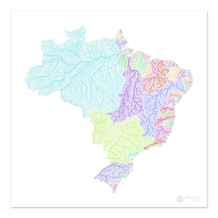 Brazil - River basin map, rainbow on white - Fine Art Print