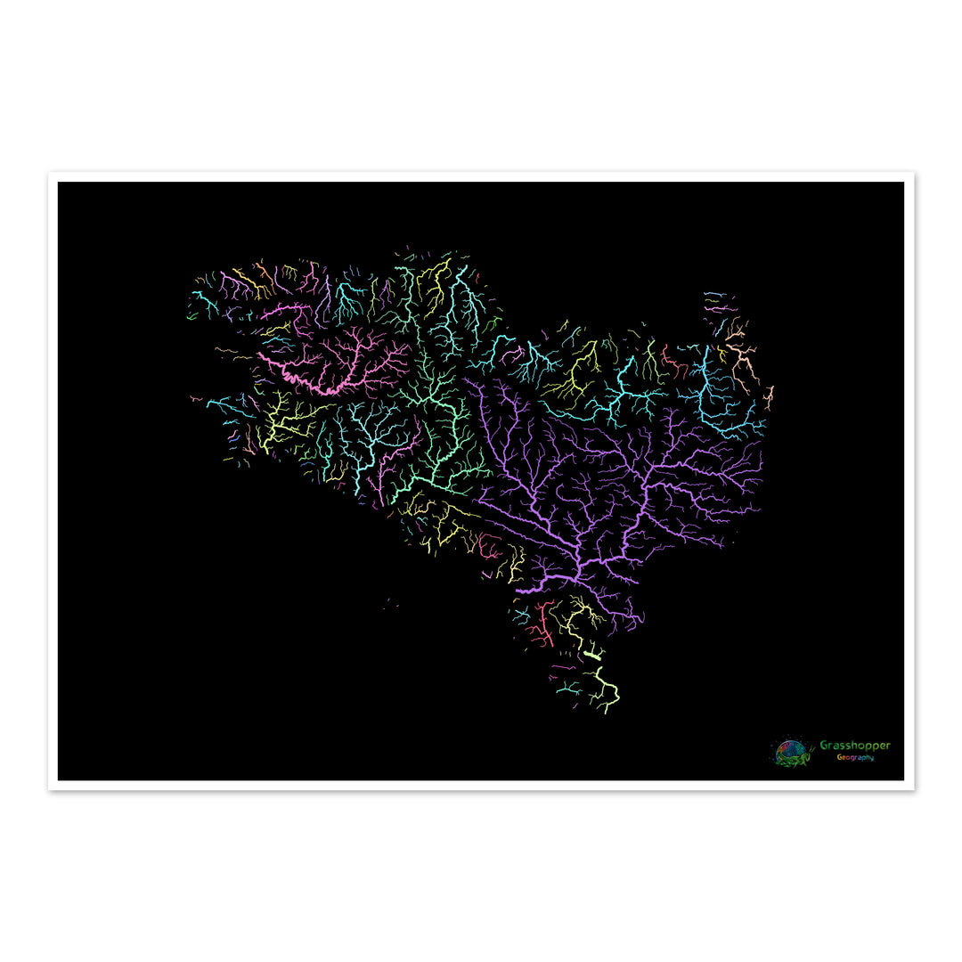 River basin map of Bretagne, pastel colours on black - Fine Art Print