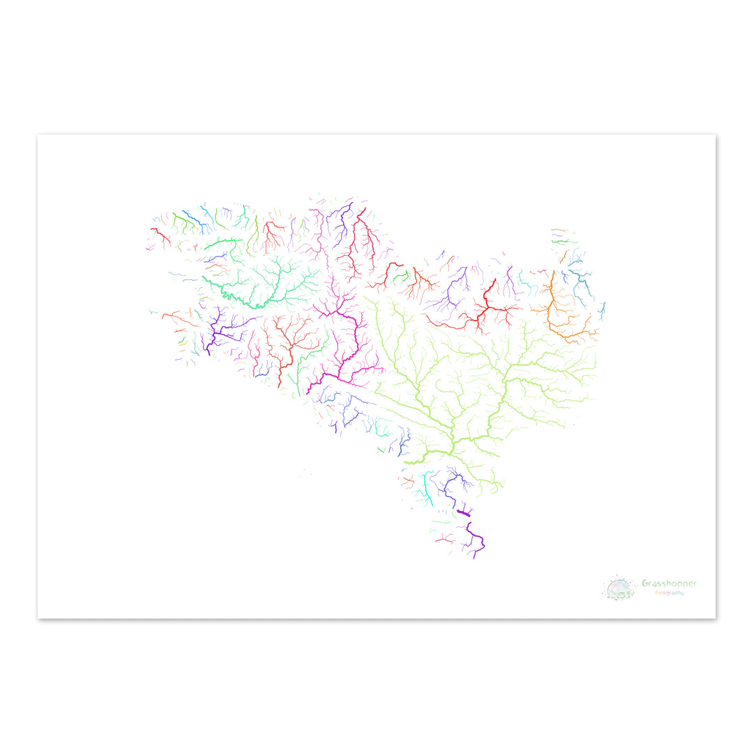 River basin map of Bretagne, rainbow colours on white - Fine Art Print