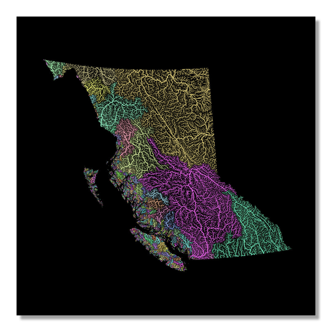 British Columbia - River basin map, pastel colours - Wall Art