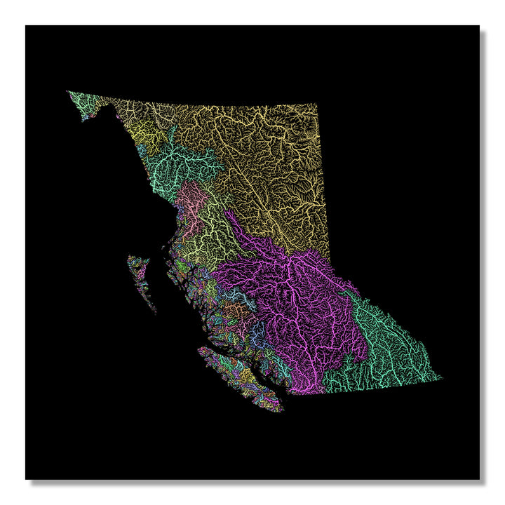 British Columbia - River basin map, pastel colours - Wall Art