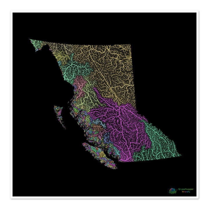 British Columbia - River basin map, pastel on black - Fine Art Print