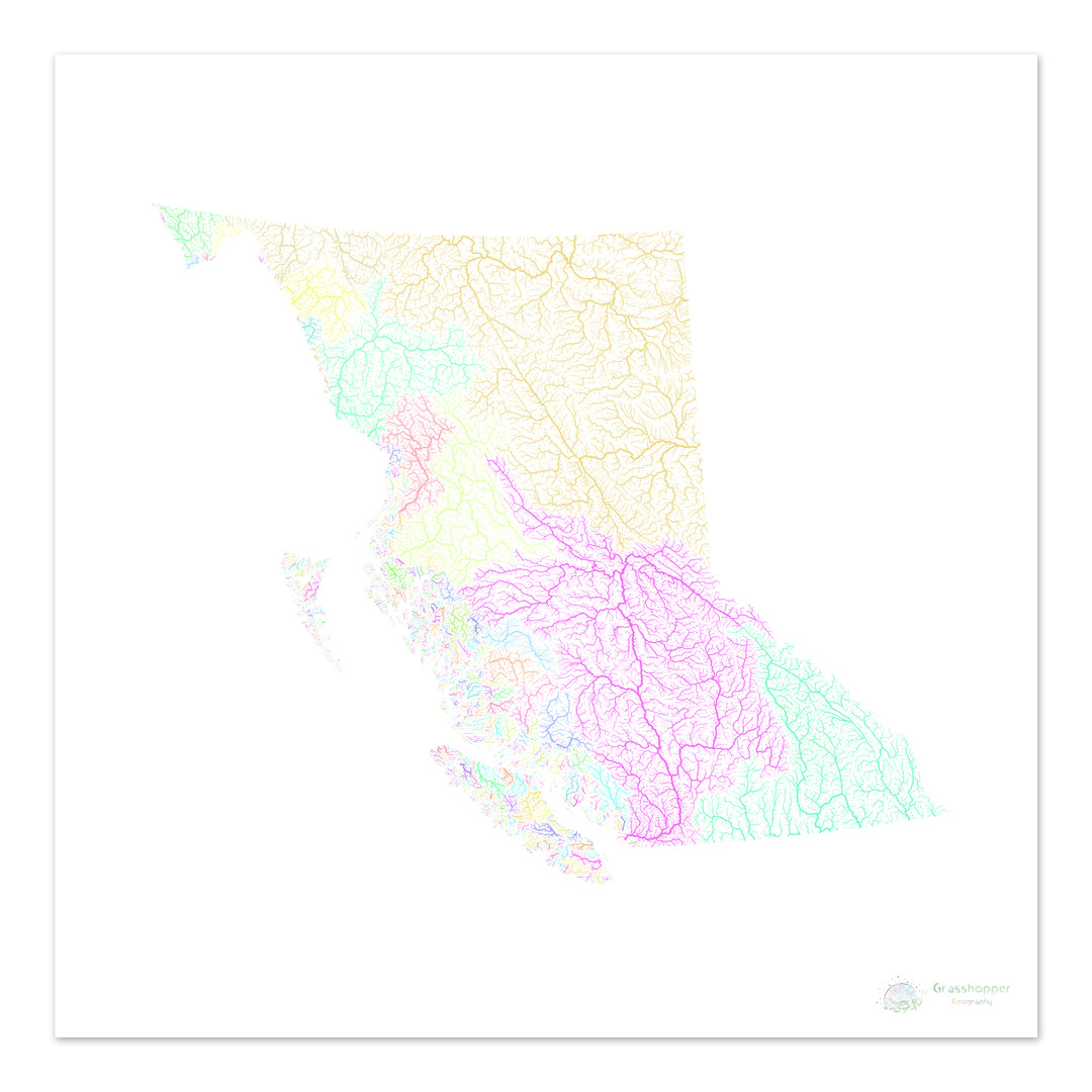 British Columbia - River basin map, pastel on white - Fine Art Print
