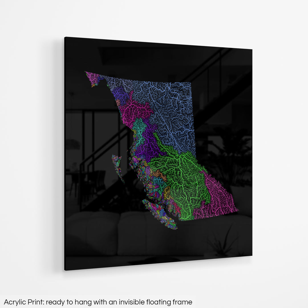 British Columbia - River basin map, rainbow colours - Wall Art