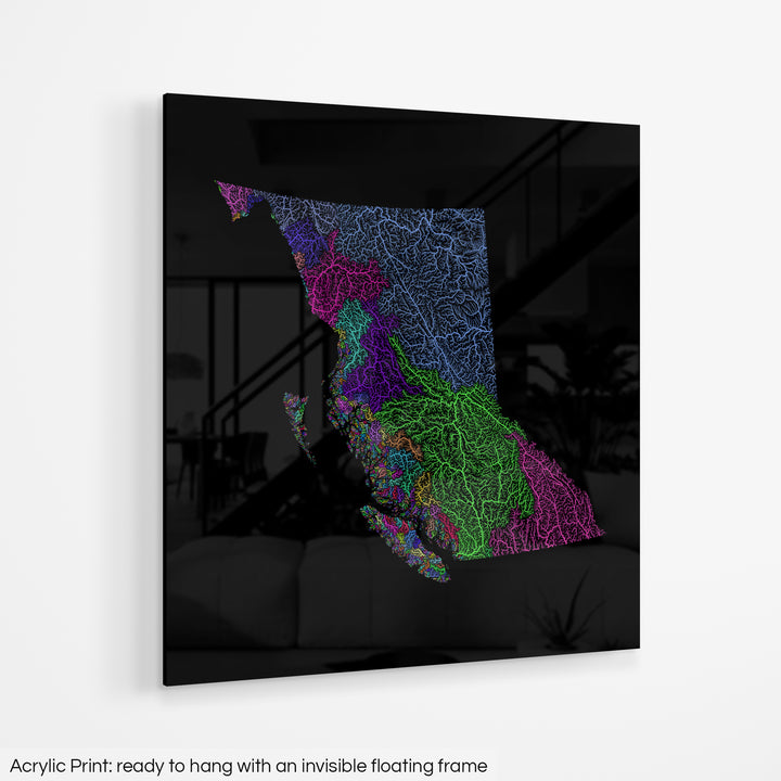 British Columbia - River basin map, rainbow colours - Wall Art