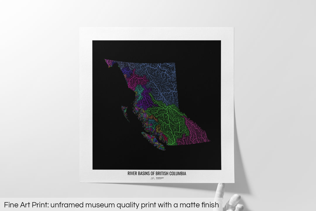 British Columbia - River basin map, rainbow colours - Wall Art