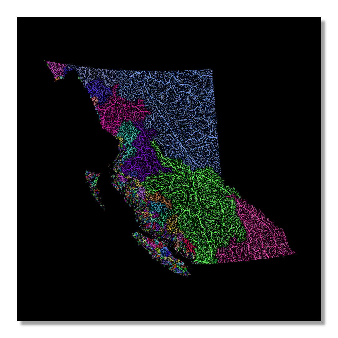 British Columbia - River basin map, rainbow colours - Wall Art