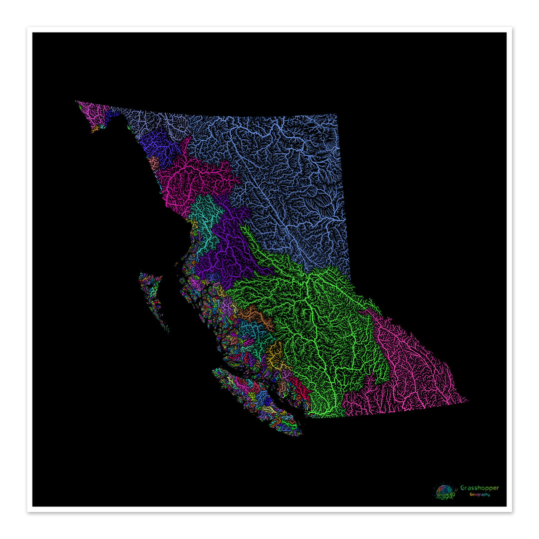 Columbia Británica - Mapa de la cuenca fluvial, arco iris sobre negro - Impresión de bellas artes
