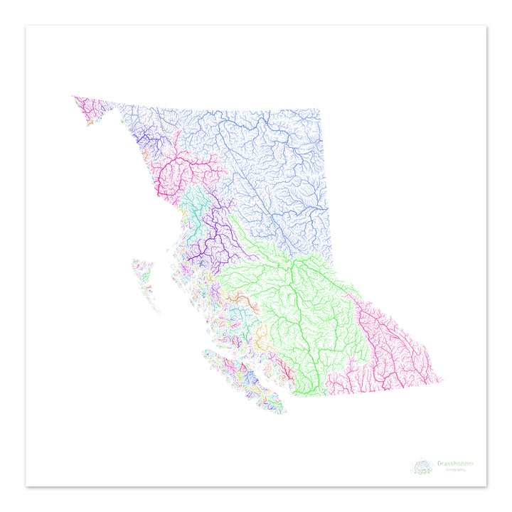 River basin map of British Columbia, rainbow colours on white Fine Art Print
