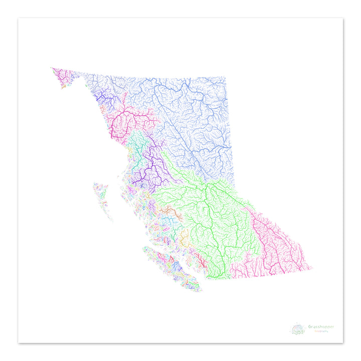 British Columbia - River basin map, rainbow on white - Fine Art Print