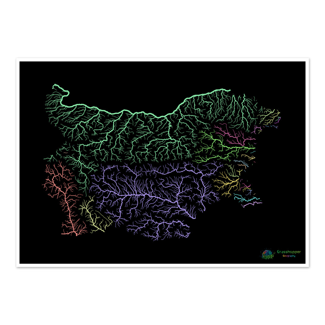 River basin map of Bulgaria, pastel colours on black - Fine Art Print