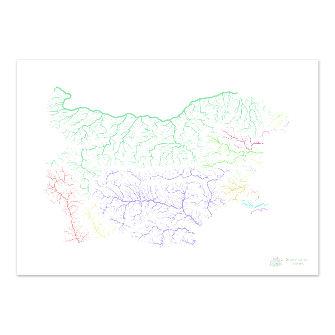 River basin map of Bulgaria, pastel colours on white - Fine Art Print