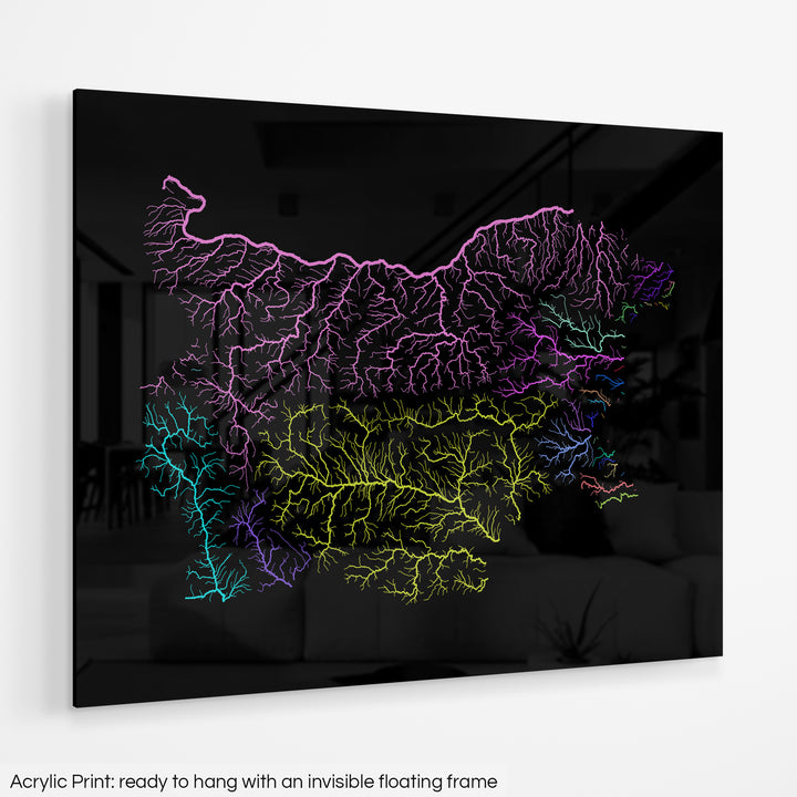 Bulgaria - River basin map, rainbow colours - Wall Art