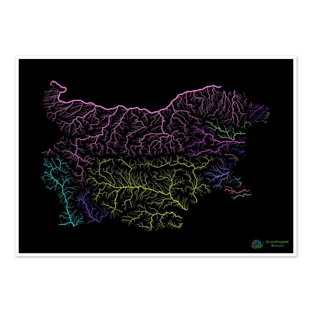 Bulgarie - Carte des bassins fluviaux, arc-en-ciel sur noir - Fine Art Print