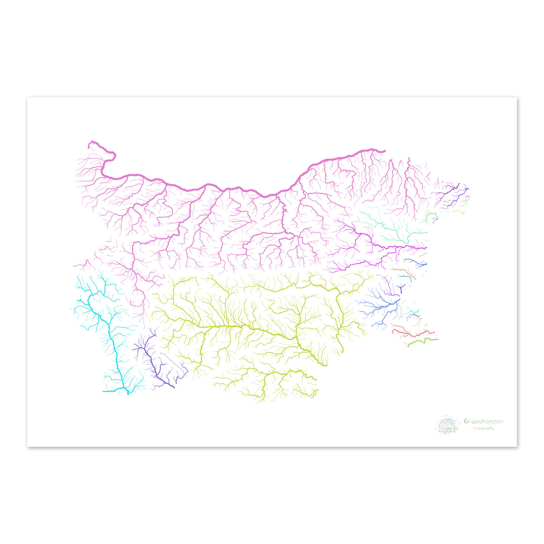 保加利亚 - 河流流域地图，白色彩虹 - 美术印刷