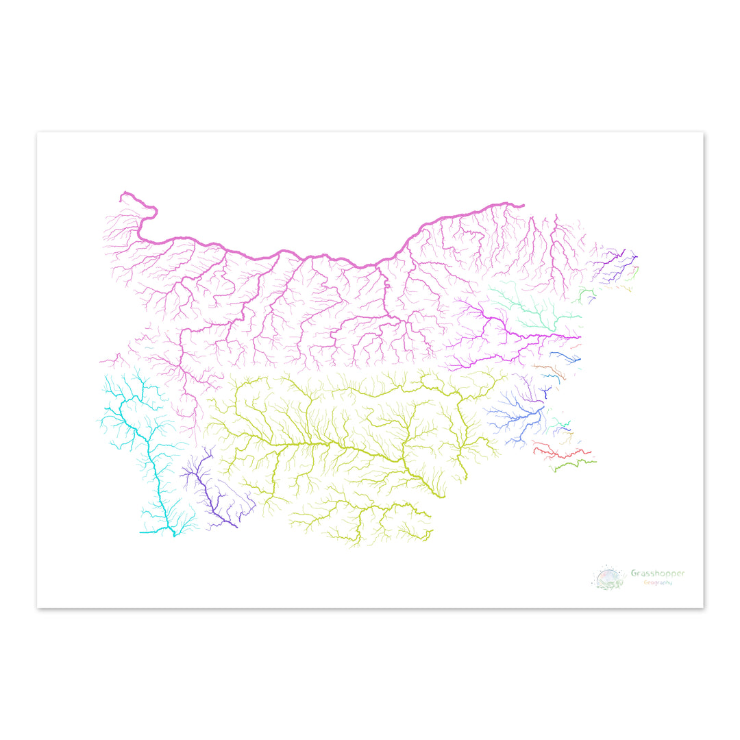 Bulgaria - Mapa de la cuenca fluvial, arco iris sobre blanco - Impresión de Bellas Artes