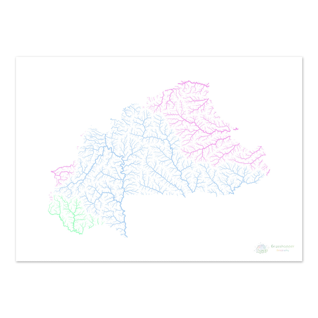 River basin map of Burkina Faso, pastel colours on white - Fine Art Print