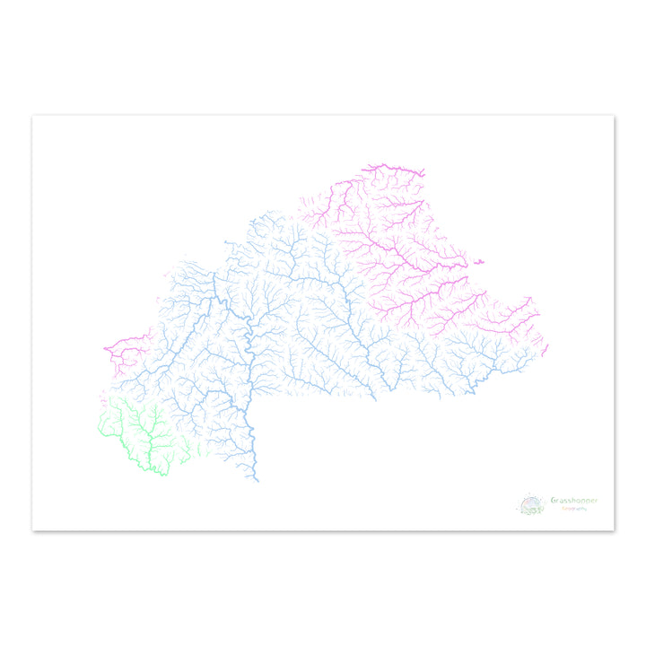 Burkina Faso - Carte des bassins fluviaux, pastel sur blanc - Fine Art Print