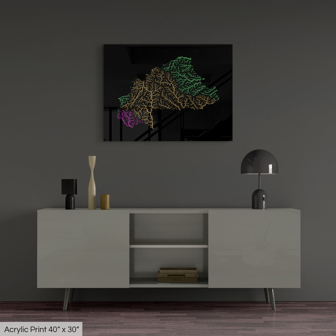 Burkina Faso - River basin map, rainbow colours - Wall Art