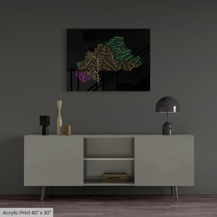 Burkina Faso - River basin map, rainbow colours - Wall Art