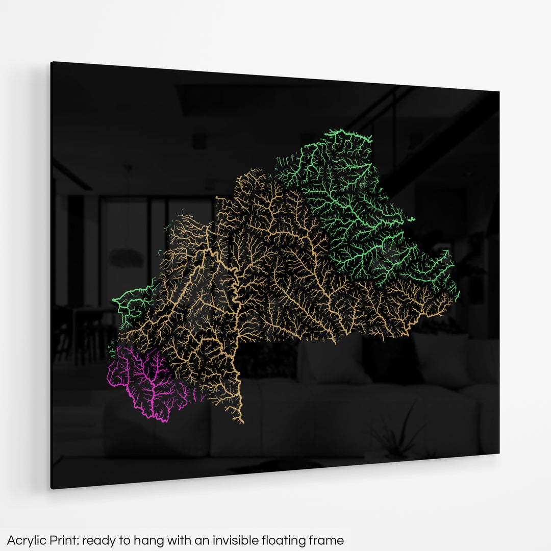 Burkina Faso - River basin map, rainbow colours - Wall Art
