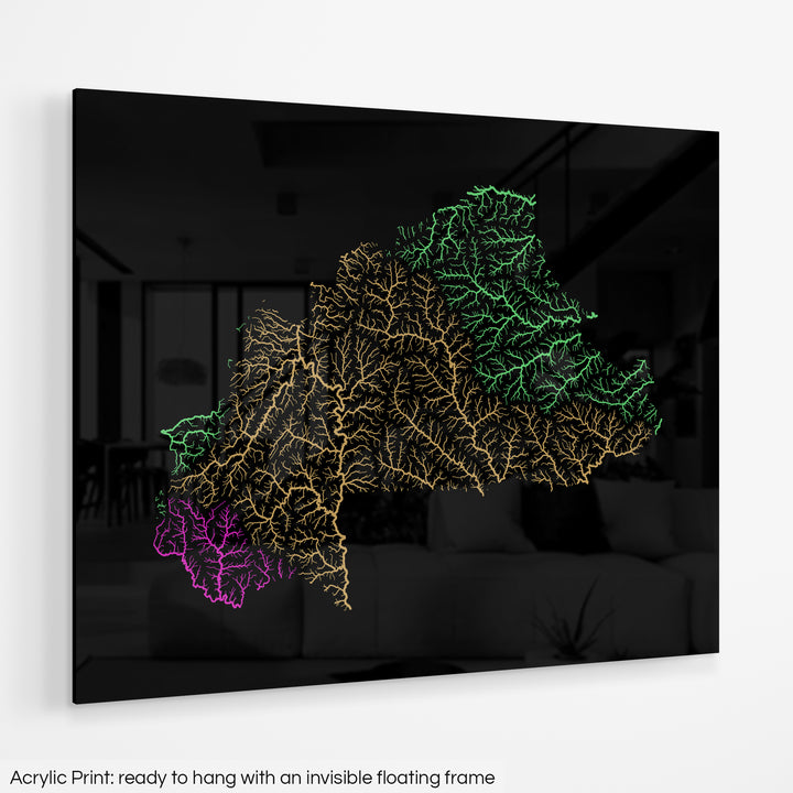 Burkina Faso - River basin map, rainbow colours - Wall Art