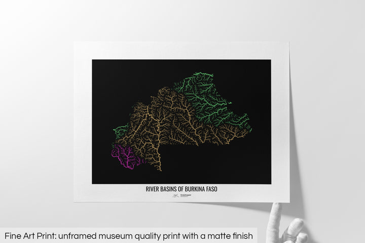 Burkina Faso - River basin map, rainbow colours - Wall Art