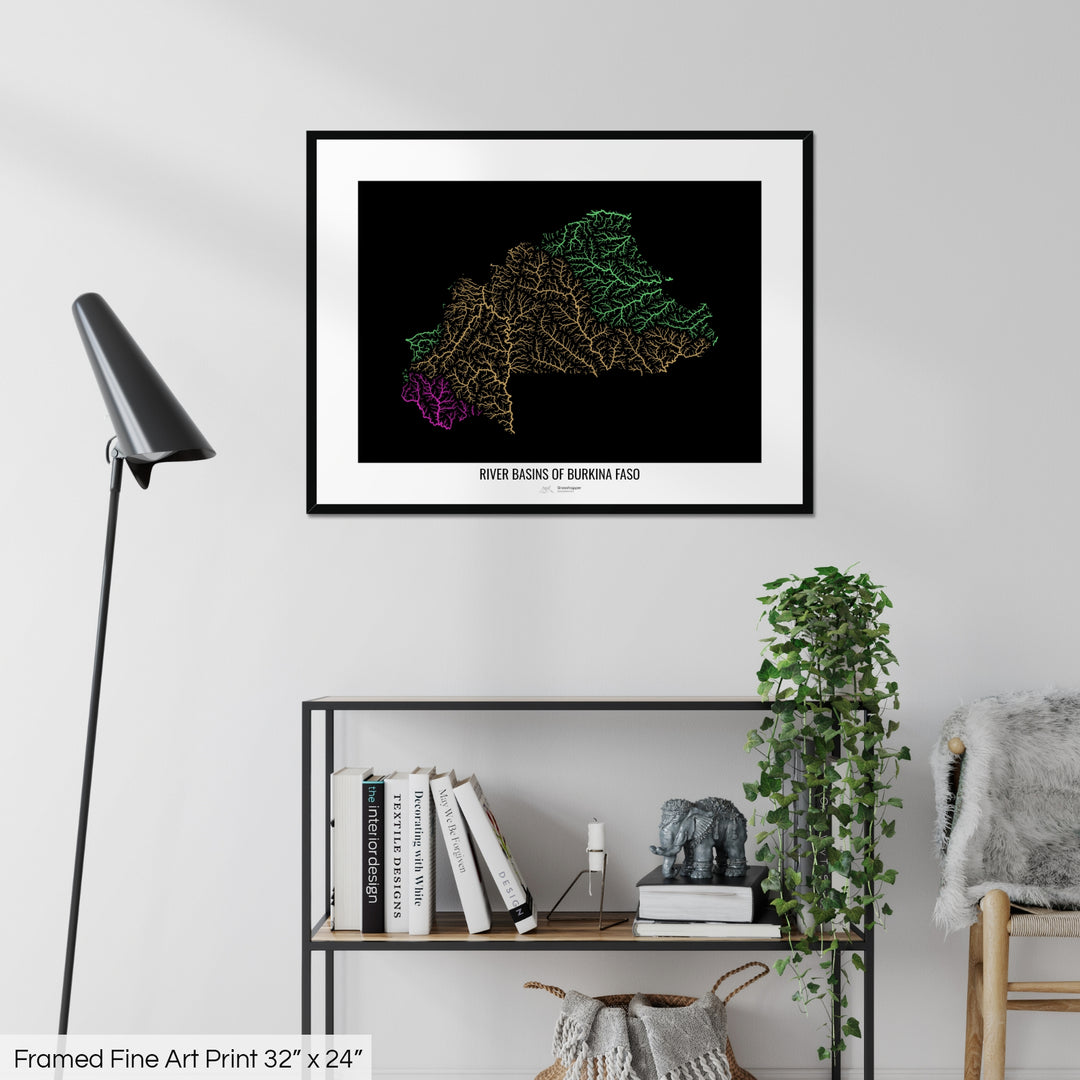 Burkina Faso - River basin map, rainbow colours - Wall Art
