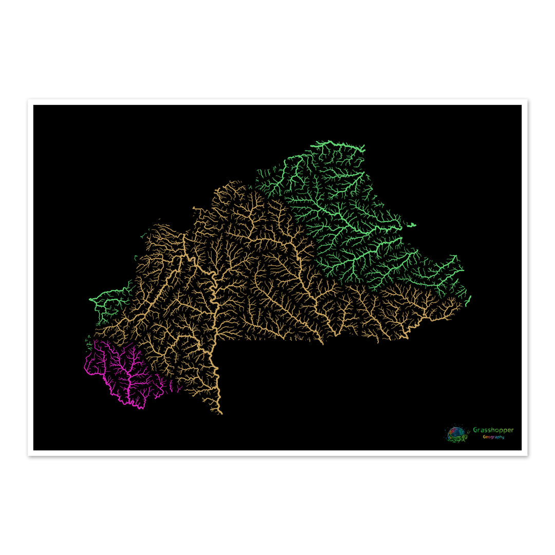 Burkina Faso - Mapa de la cuenca fluvial, arco iris sobre negro - Impresión de Bellas Artes