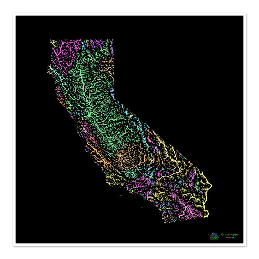 California - River basin map, pastel on black - Fine Art Print