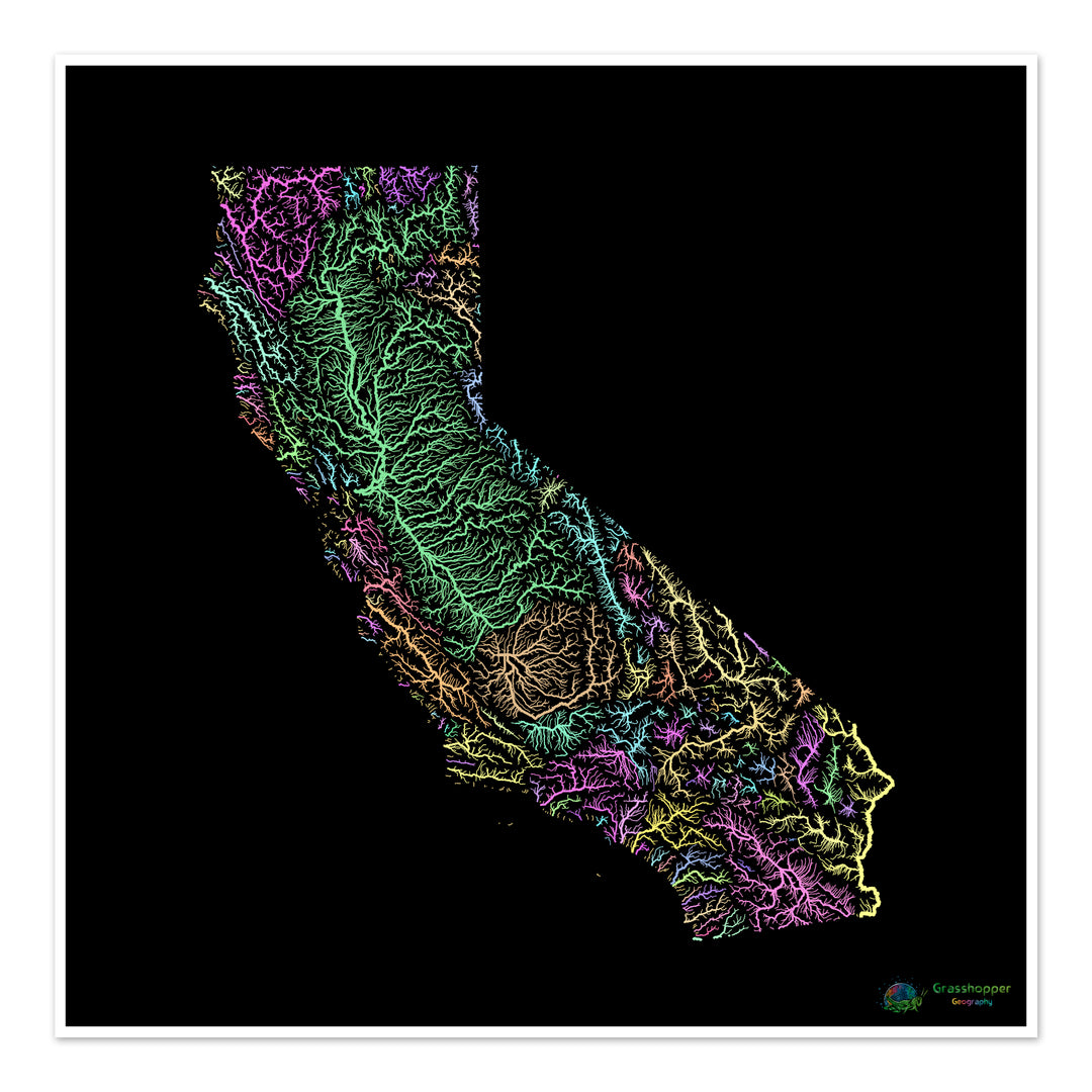 Californie - Carte des bassins fluviaux, pastel sur noir - Fine Art Print