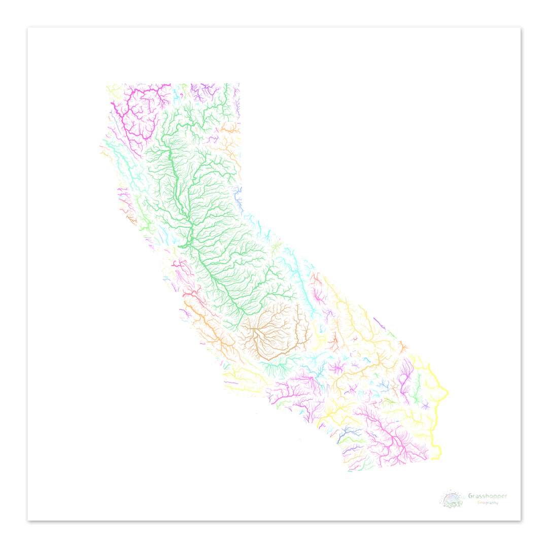 California - Mapa de la cuenca fluvial, pastel sobre blanco - Impresión de Bellas Artes