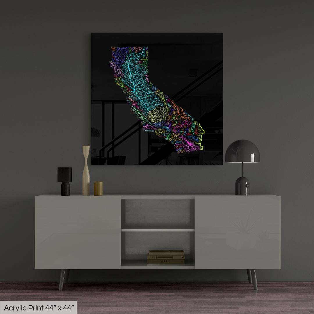 California - River basin map, rainbow colours - Wall Art