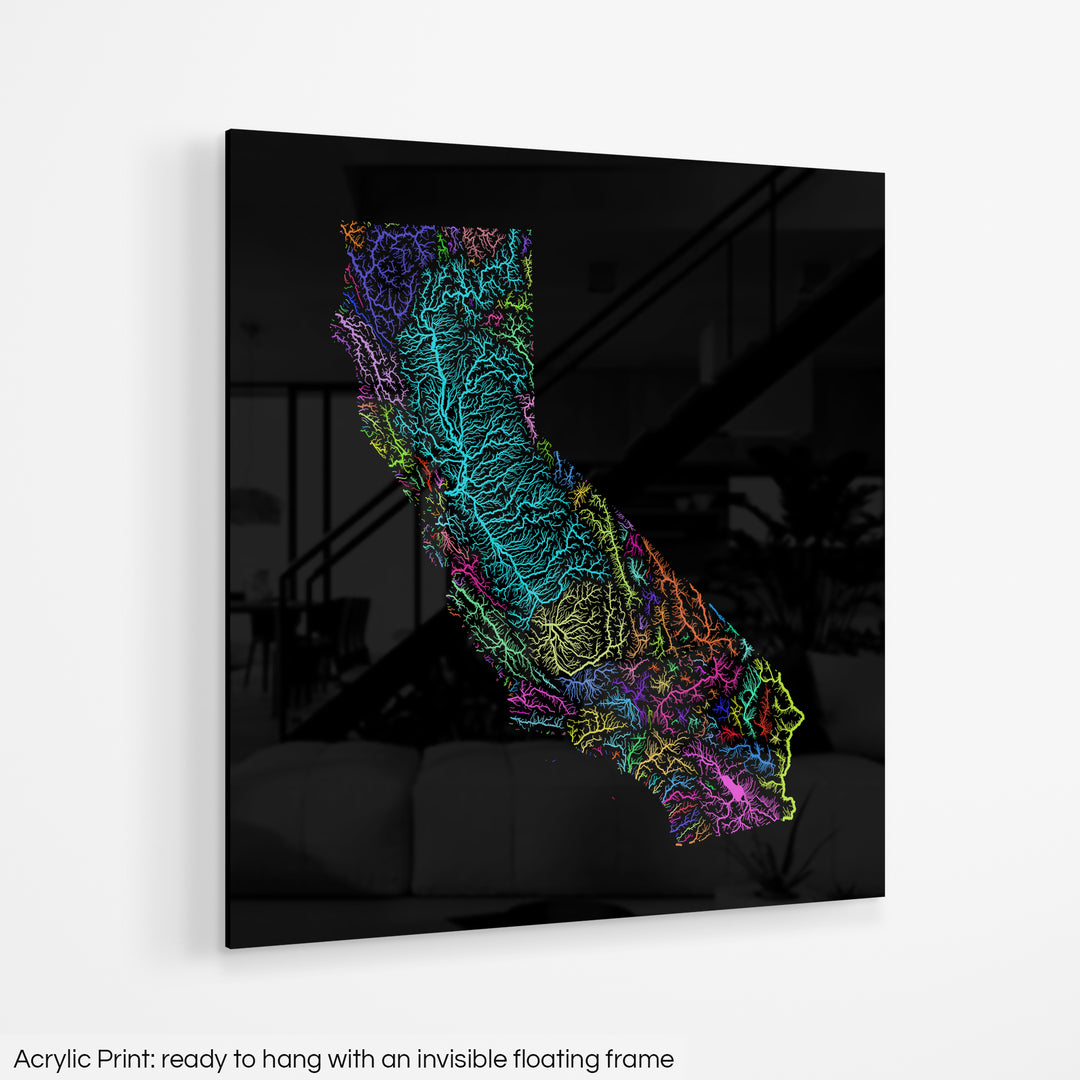 California - River basin map, rainbow colours - Wall Art