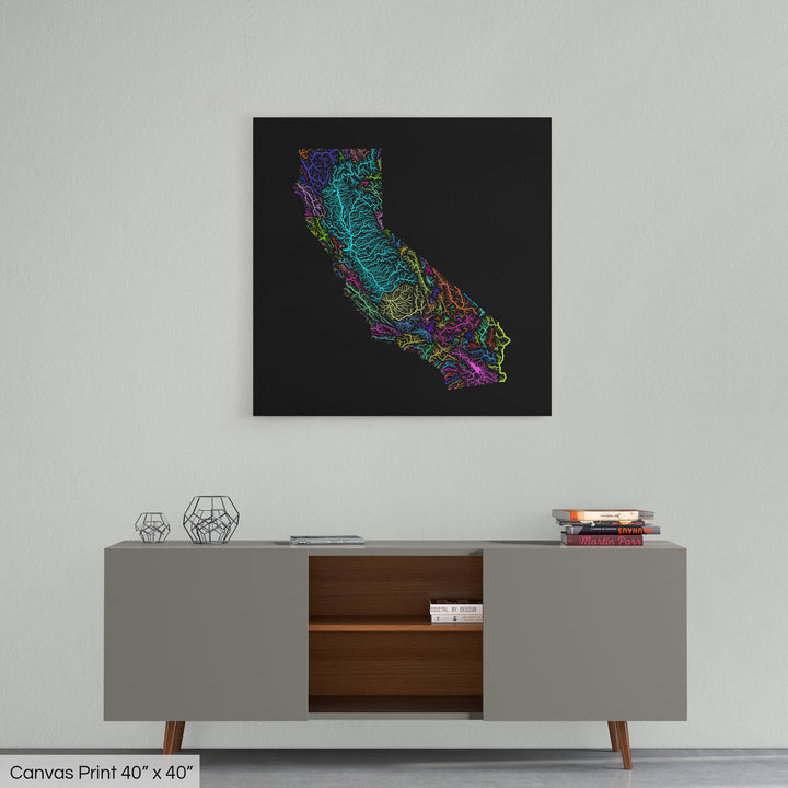 California - River basin map, rainbow colours - Wall Art